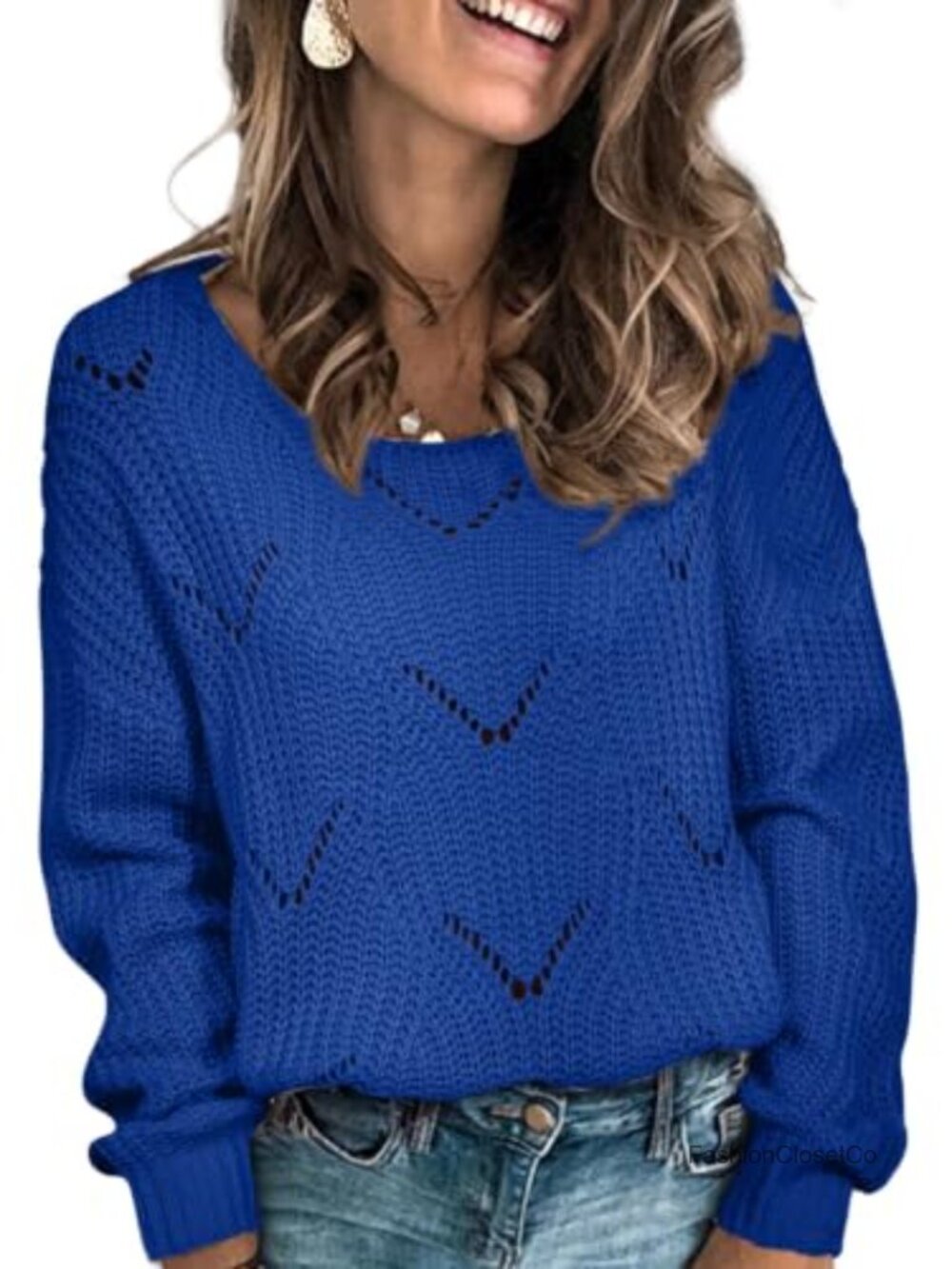 Womens Boat Neck Hollow Out Crochet Knit Pullover Sweater Loose Fit